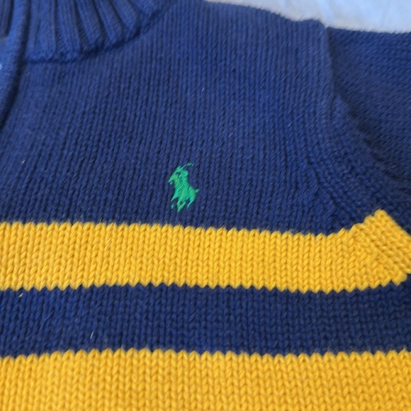 Polo Ralph Lauren Boys 5 Blue Navy Yellow Knit Sweater Logo Zip Pullover Stripe - Picture 2 of 6
